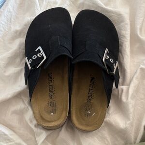 Project Cloud Black Buckle Mules for Women